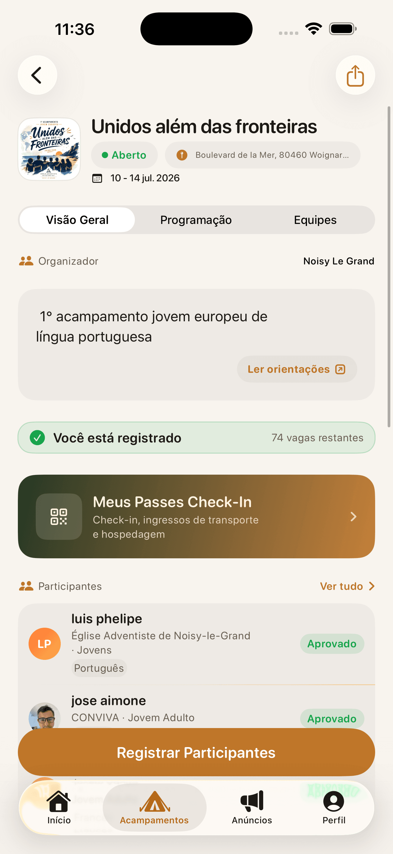 Campzone check-in scanner view for validating participant QR passes.